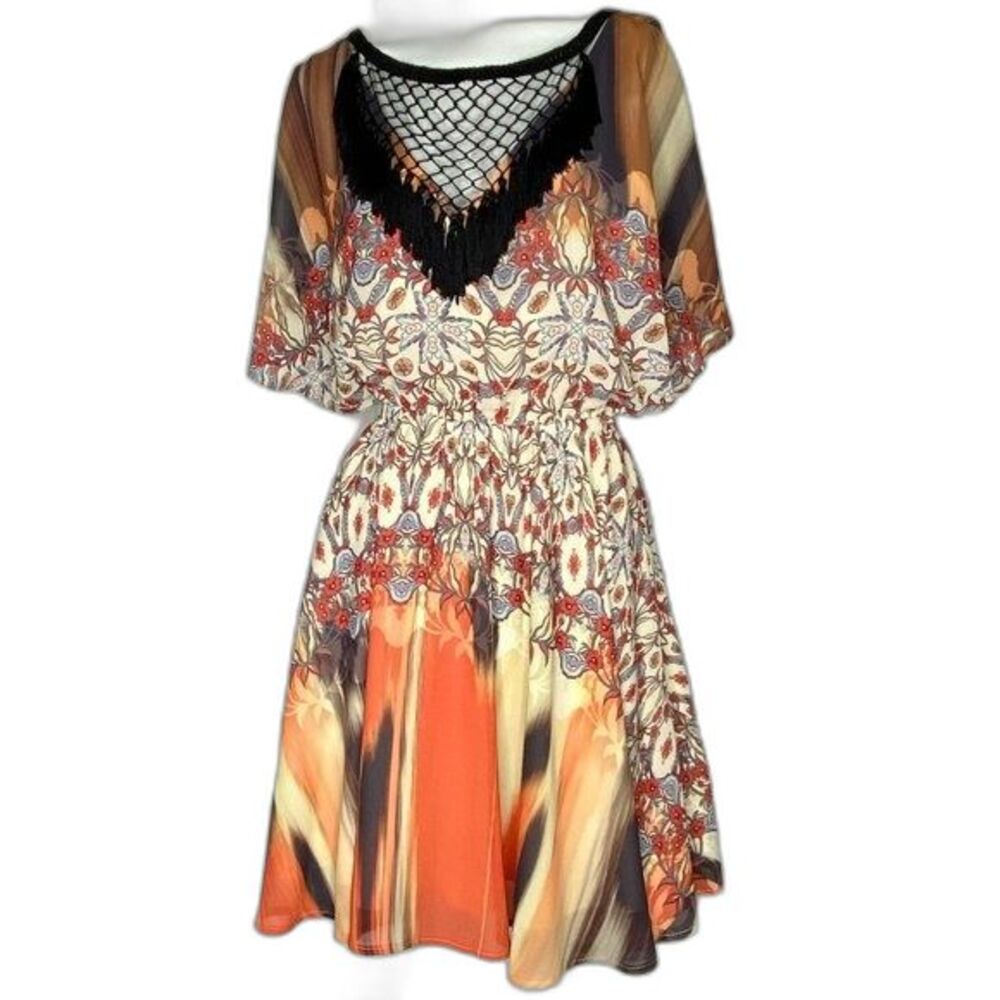 BEBE Dress Multi Coral Yellow Red Brown Black Mesh Tassels Mini Size XS EUC!